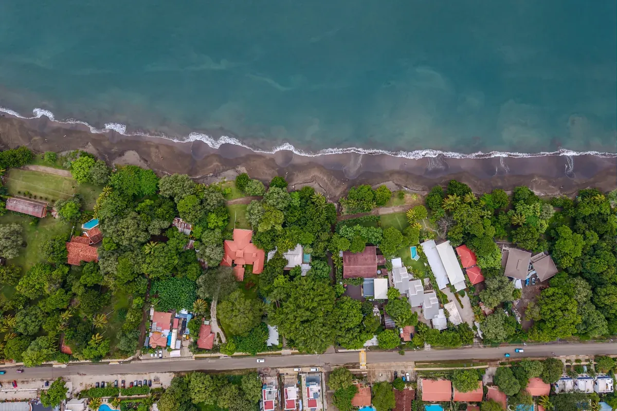 Top-down aerial view of the beachfront in Playas del Coco, Costa Rica