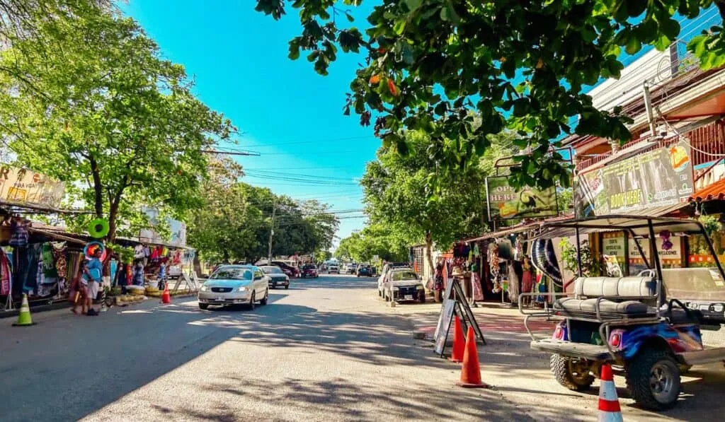 Shops and cafés along the main street in Playas del Coco, Costa Rica