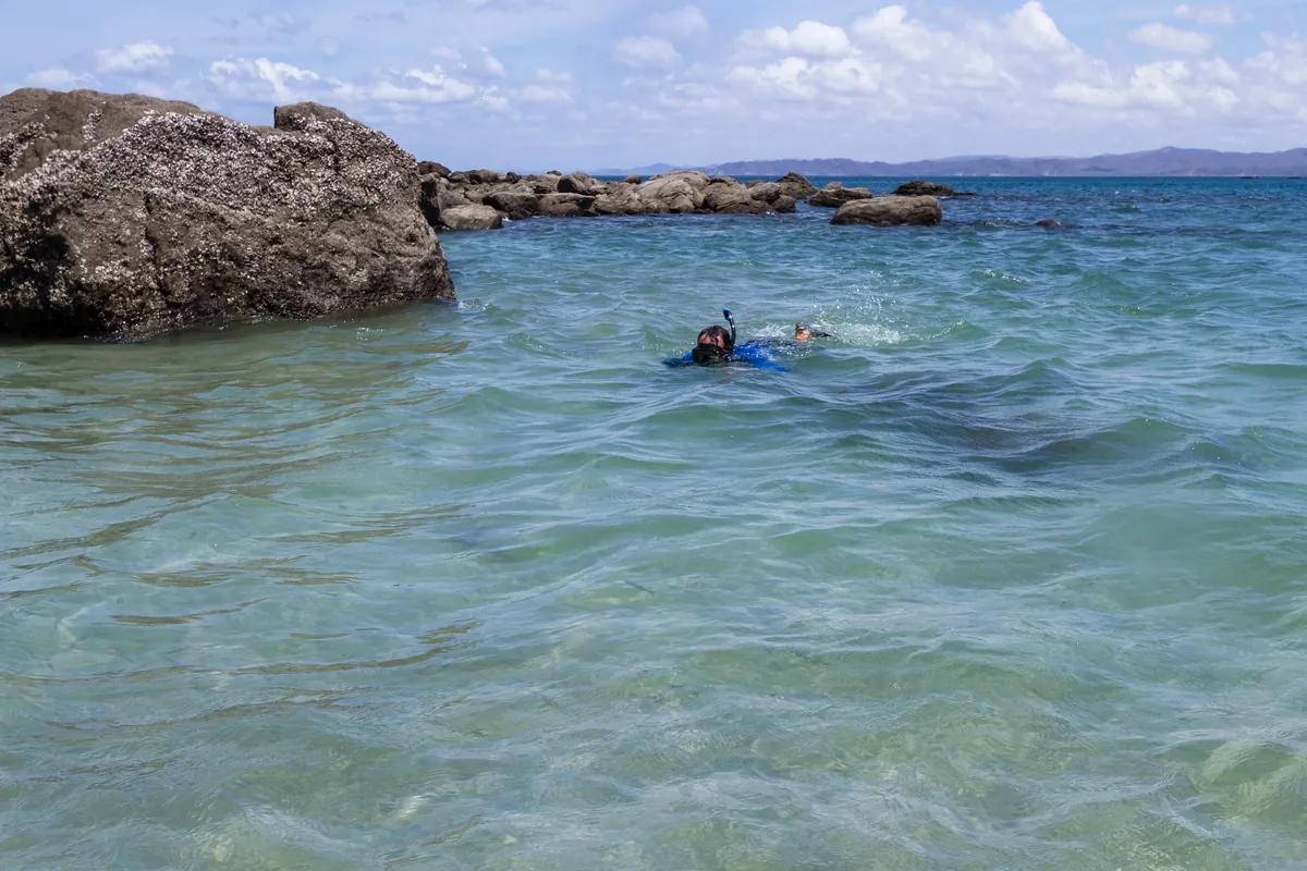 Snorkeler swimming in clear water beside a rocky cove in Guanacaste, Costa Rica